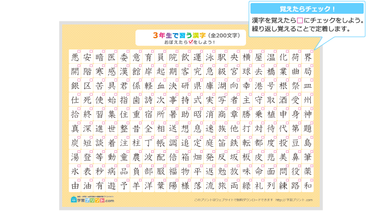 小学3年生の漢字一覧表（チェック表）のプリントの解説