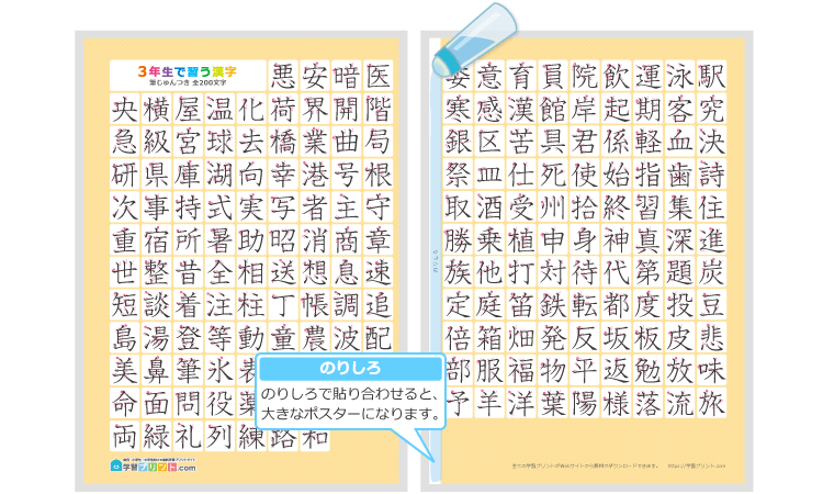 小学3年生の漢字一覧表（筆順付き）2枚で1組のプリントの解説