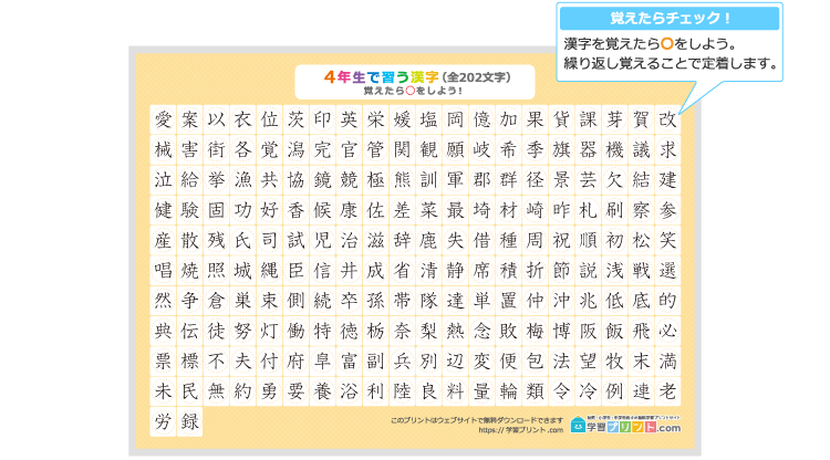 小学4年生の漢字一覧表（丸で囲めるチェック表）のプリントの解説