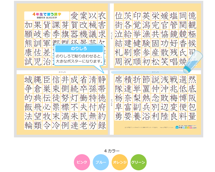 小学4年生の漢字一覧表(筆順付き)4枚で1組のプリントの解説