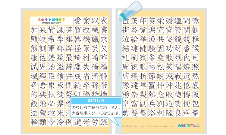 小学4年生の漢字一覧表（筆順付き）2枚で1組のプリントの解説