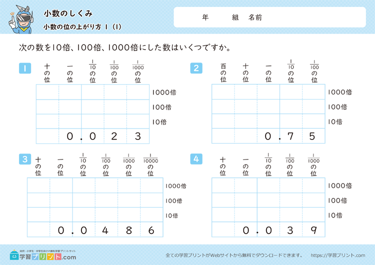 小数のしくみ（小数の位の上がり方）
