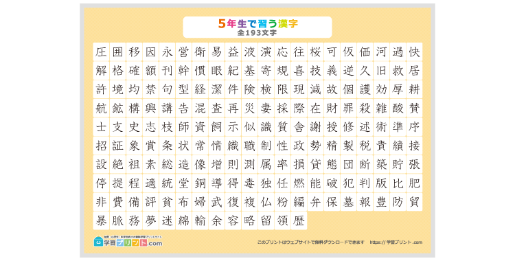 小学5年生の漢字一覧表（漢字のみ）のプリントの解説