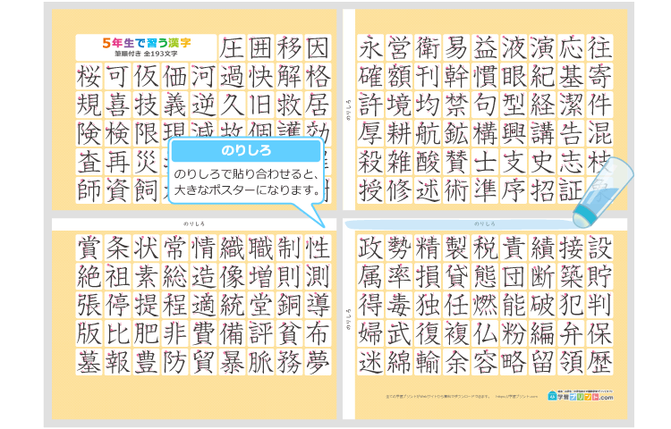 小学5年生の漢字一覧表（筆順付き）4枚で1組のプリントの解説
