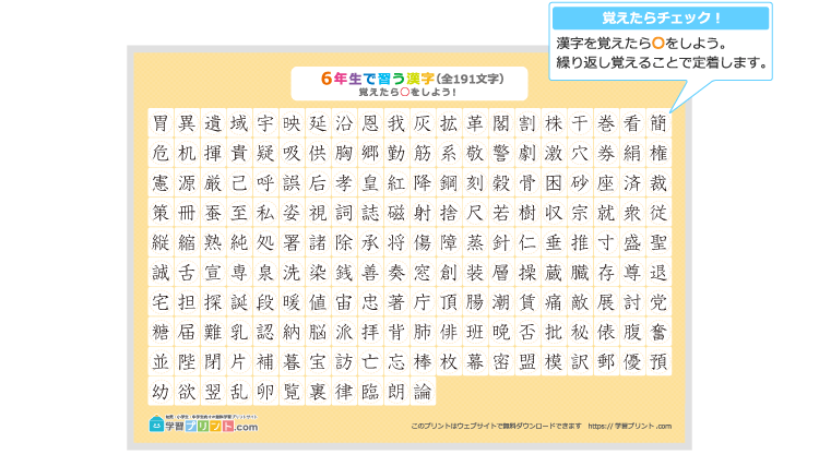 小学6年生の漢字一覧表（丸で囲めるチェック表）のプリントの解説