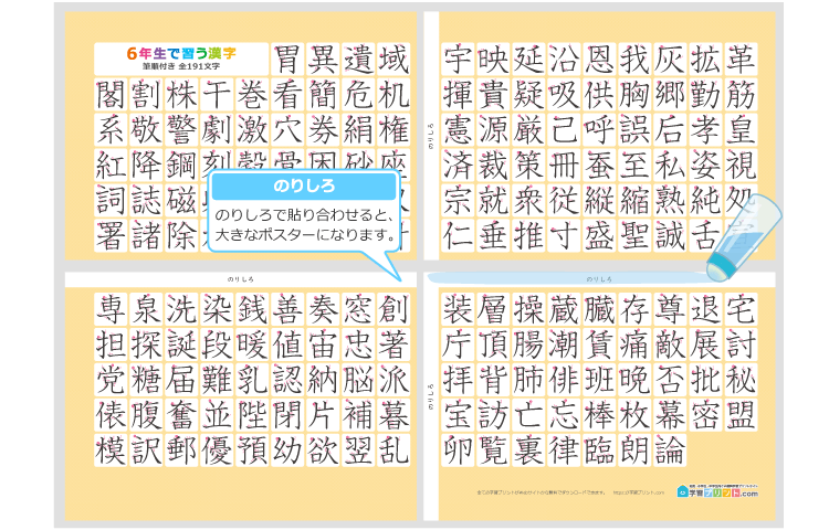 小学6年生の漢字一覧表（筆順付き）4枚で1組のプリントの解説