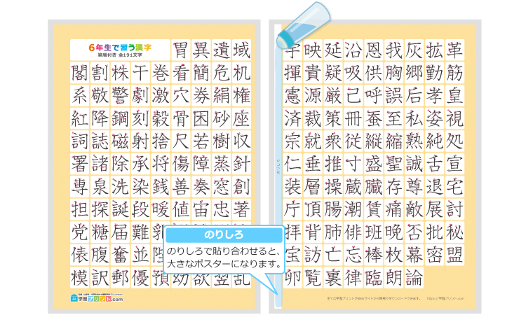 小学6年生の漢字一覧表（筆順付き）2枚で1組のプリントの解説