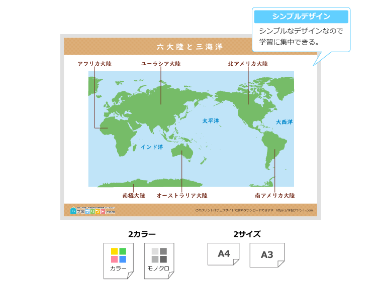 世界地図ポスター（六大陸と三海洋）の解説