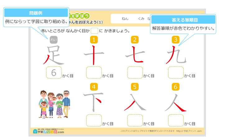 小学1年生の漢字の筆順の練習問題プリントの解説