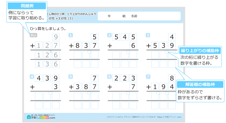 1桁+3桁の足し算の筆算の繰り上がりの練習（補助枠あり）プリントの解説