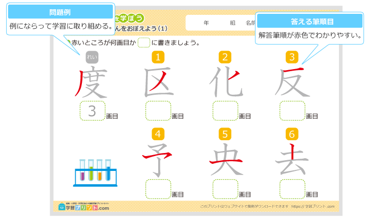小学3年生の漢字の筆順の練習問題プリントの解説