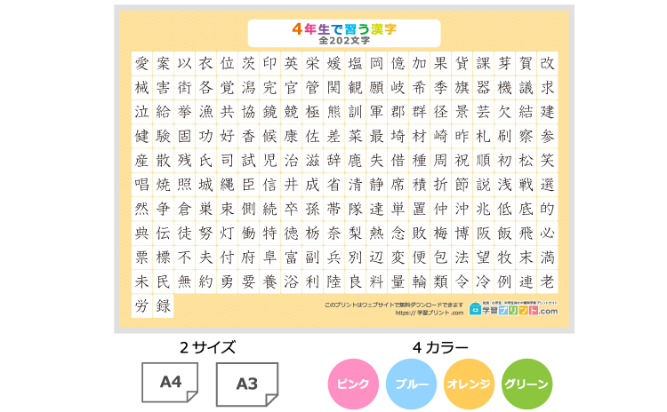 小学4年生の漢字一覧表(漢字のみ)のプリントの解説