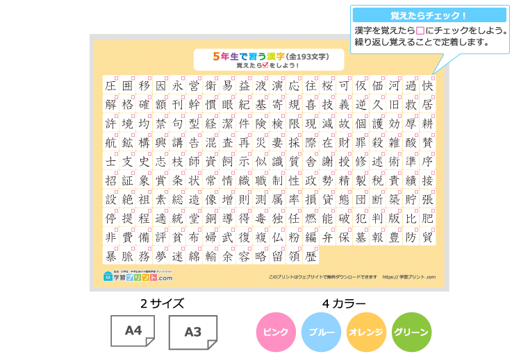 小学5年生の漢字一覧表(チェック表)のプリントの解説