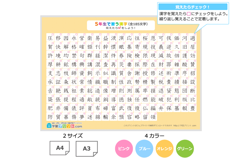 小学5年生の漢字一覧表(チェック表)のプリントの解説