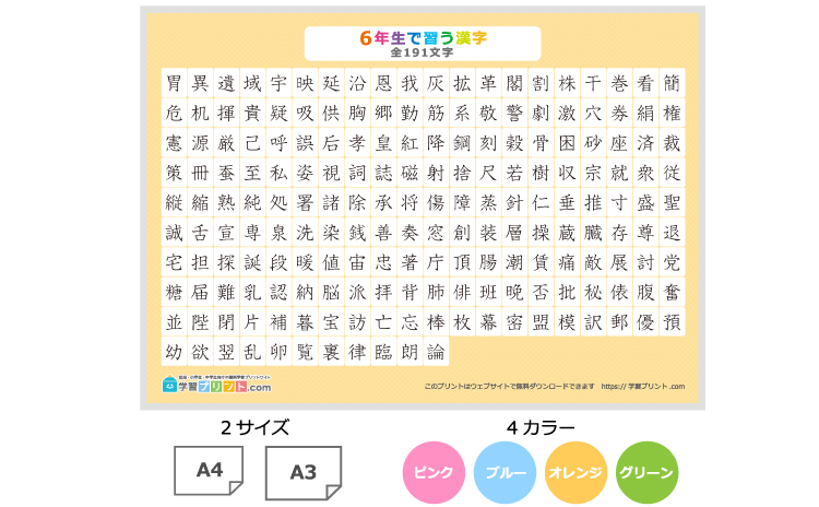 小学6年生の漢字一覧表(漢字のみ)のプリントの解説