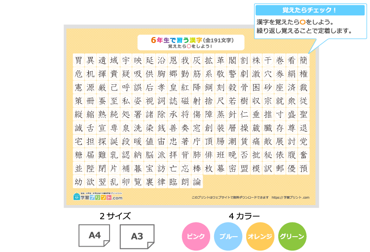 小学6年生の漢字一覧表(丸で囲めるチェック表)のプリントの解説
