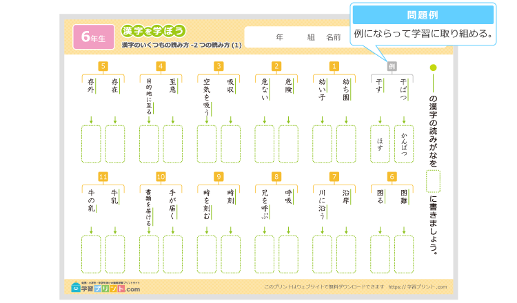 漢字のいくつもの読み方の練習問題プリントの解説