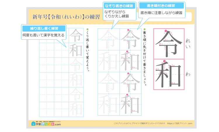 新年号【令和(れいわ)】の書き方・練習のプリントの解説