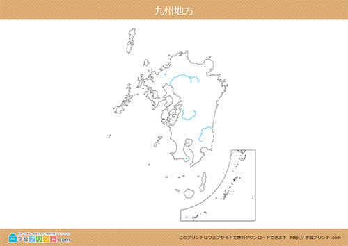 地方別白地図（九州地方）都道府県境なし川と湖あり大サイズ