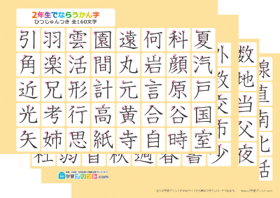 小学2年生の漢字一覧表（筆順付き）4枚で1組プリントサムネイル