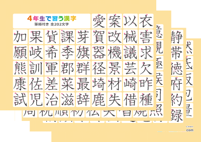 小学4年生の漢字一覧表（筆順付き）4枚で1組プリントサムネイル