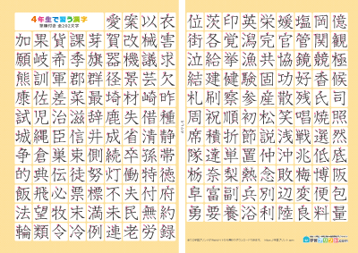 小学4年生の漢字一覧表（筆順付き）2枚で1組プリントサムネイル