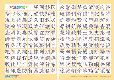 小学5年生の漢字一覧表（筆順付き）2枚で1組プリントサムネイル
