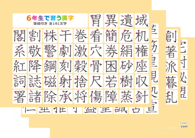 小学6年生の漢字一覧表（筆順付き）4枚で1組プリントサムネイル
