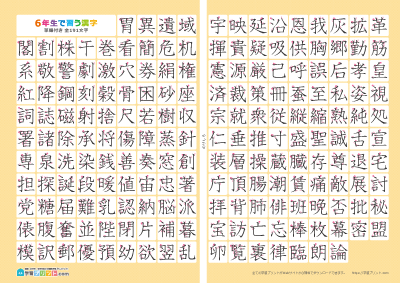 小学6年生の漢字一覧表（筆順付き）2枚で1組プリントサムネイル