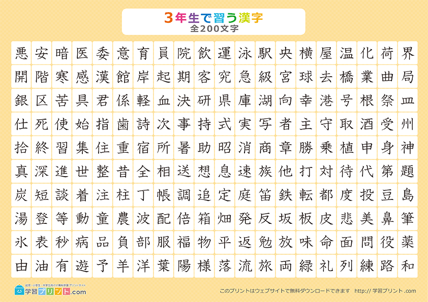 小学3年生の漢字一覧表（漢字のみ）プリントサムネイル