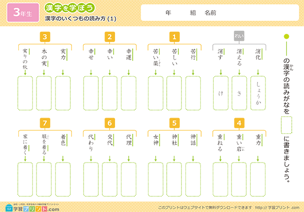 漢字のいくつもの読み方の練習問題プリントサムネイル