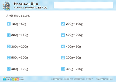 小学3年生の算数プリント【重さの単位「g（グラム）」「kg（キログラム）」「t（トン）」（重さのひき算）単位の繰り下がりなし】