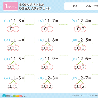 さくらんぼ計算 問題 引き算ステップ1-1