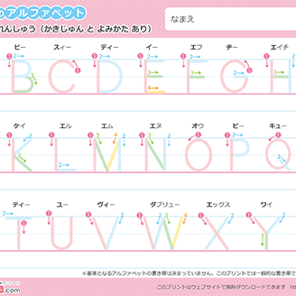 アルファベット全26字なぞり書き（書き順と読み方あり 大文字）