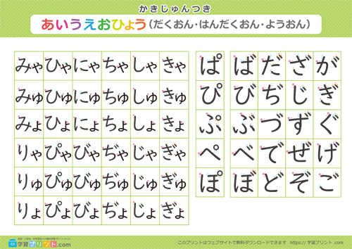 UDデジタル教科書体の書き順が付いている濁音・半濁音・拗音のひらがな表（グリーン）
