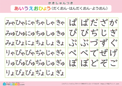 UDデジタル教科書体の書き順が付いている濁音・半濁音・拗音のひらがな表（ピンク）